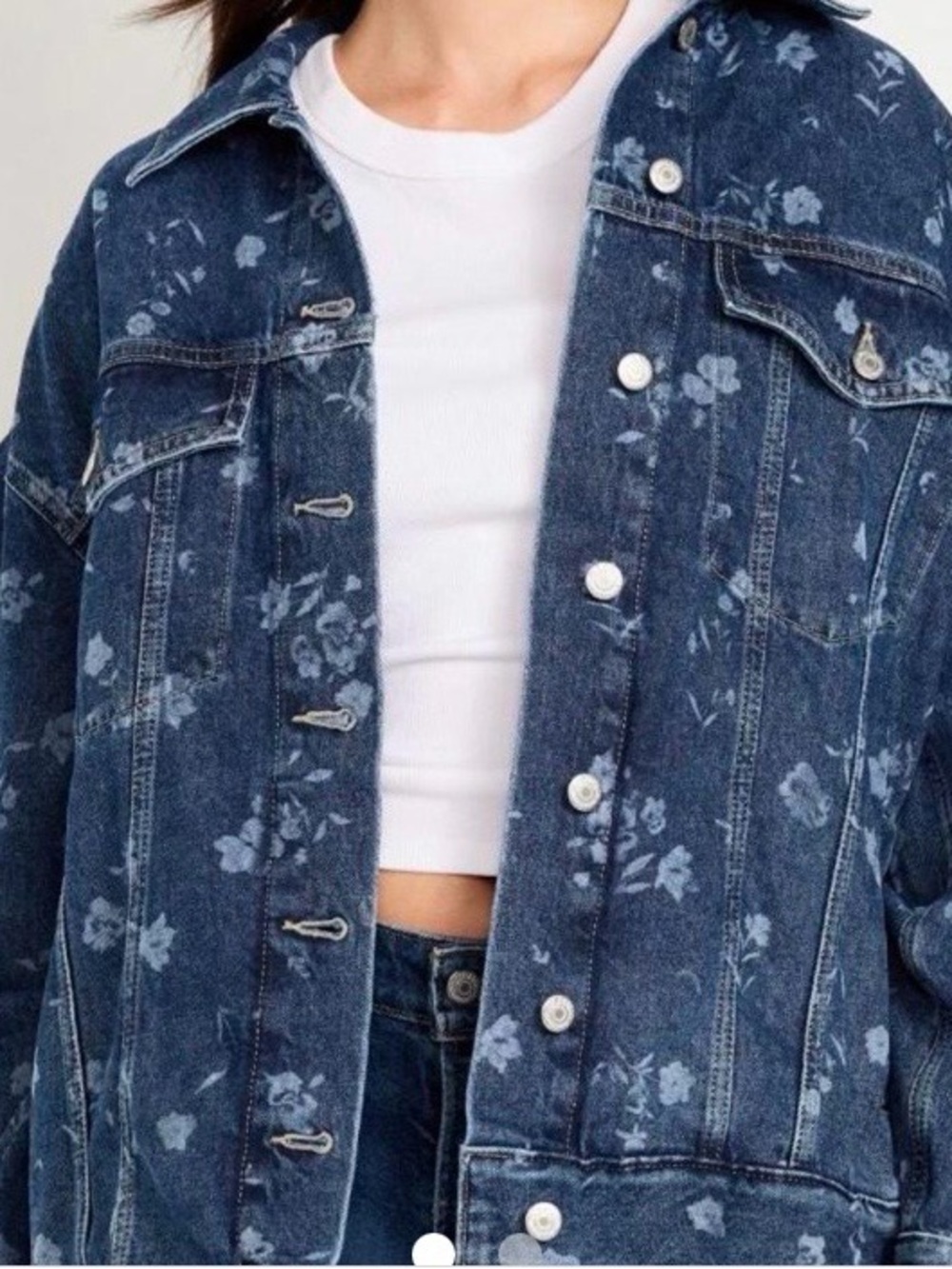 Old Navy Oversized Floral Print Jean Trucker Jacket Blue XXL
